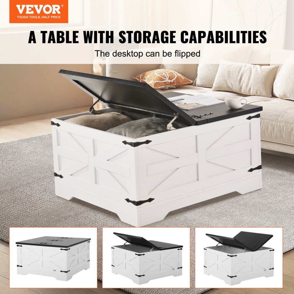 VEVOR Mesa de Centro Rústica de 800 x 800 x 458 mm, Mesa de Centro Cuadrada con Bisagras y Compartimento de Almacenamiento Grande Mesa de Madera para Sala de Estar, Apartamento, Gris y Blanco