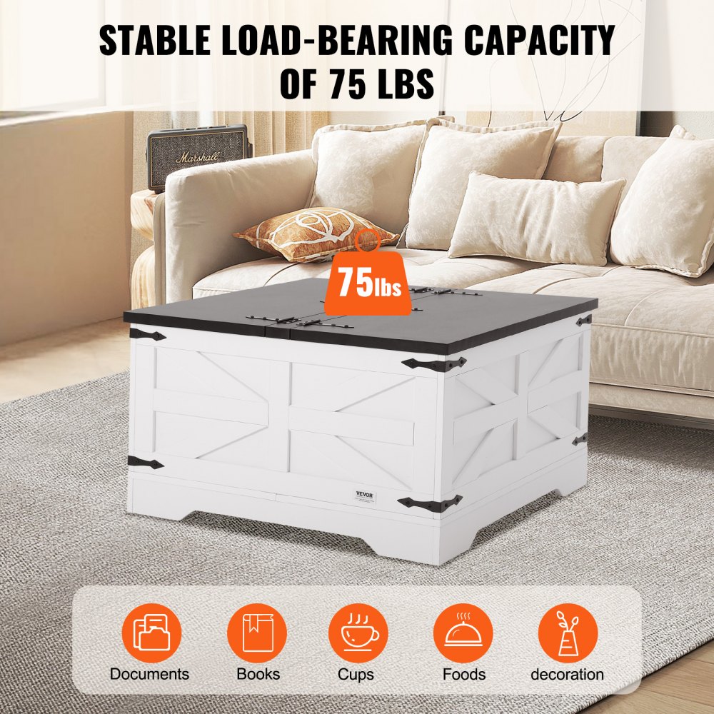 VEVOR Mesa de Centro Rústica de 800 x 800 x 458 mm, Mesa de Centro Cuadrada con Bisagras y Compartimento de Almacenamiento Grande Mesa de Madera para Sala de Estar, Apartamento, Gris y Blanco