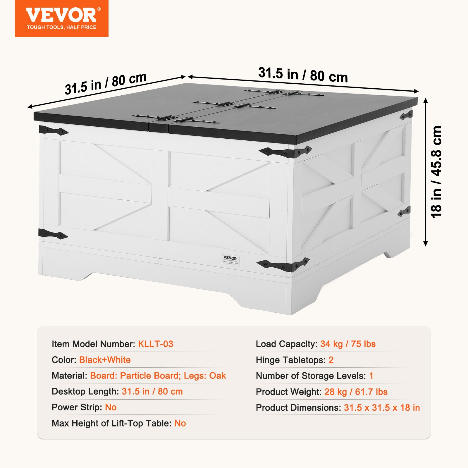 VEVOR Mesa de Centro Rústica de 800 x 800 x 458 mm, Mesa de Centro Cuadrada con Bisagras y Compartimento de Almacenamiento Grande Mesa de Madera para Sala de Estar, Apartamento, Gris y Blanco