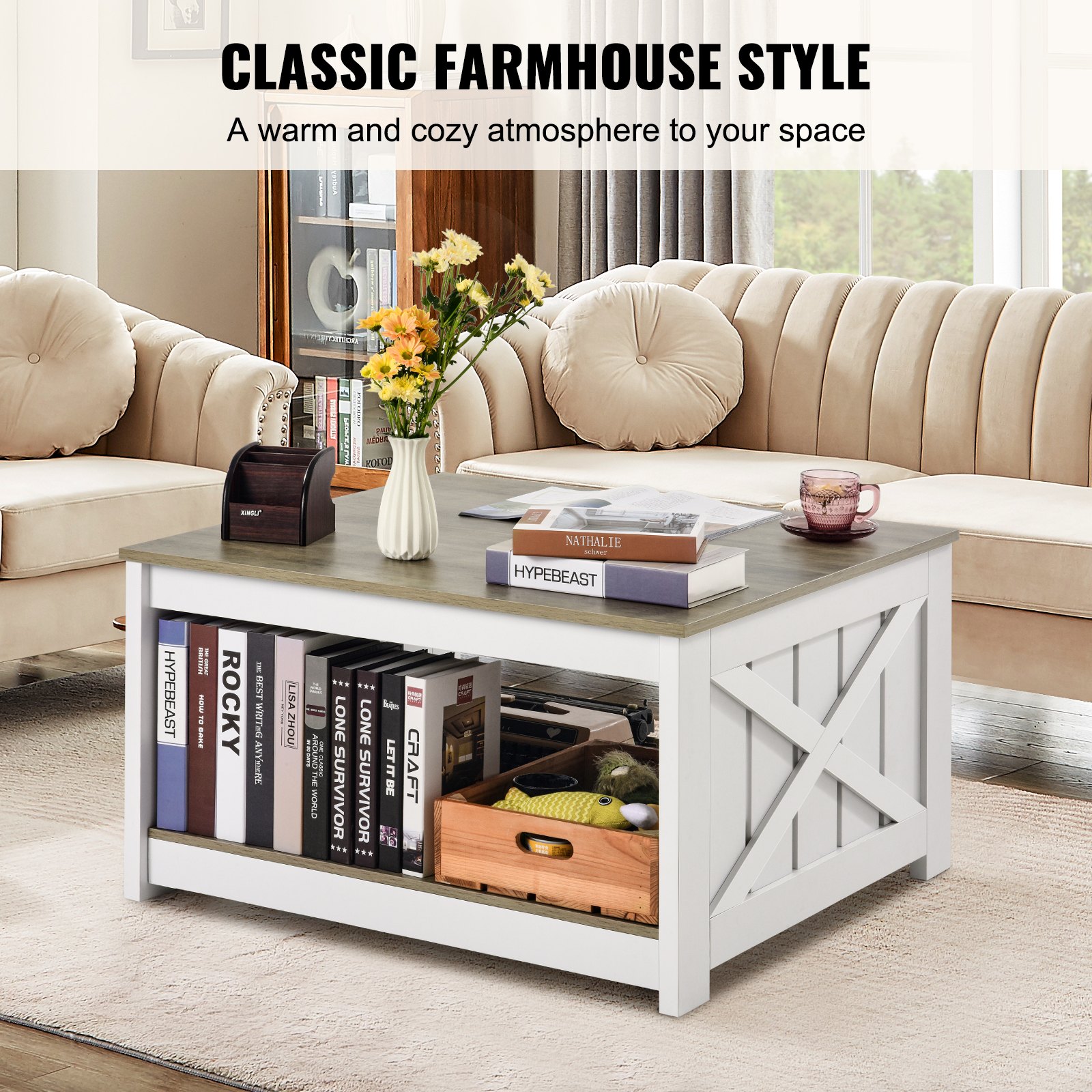 VEVOR Farmhouse Style Coffee Table, Square Coffee Table with Open Storage Compartment, 81.7 kg Load Capacity, Rustic Wooden Cocktail Table for Living Room, Bedroom, Studio (Grey + White)