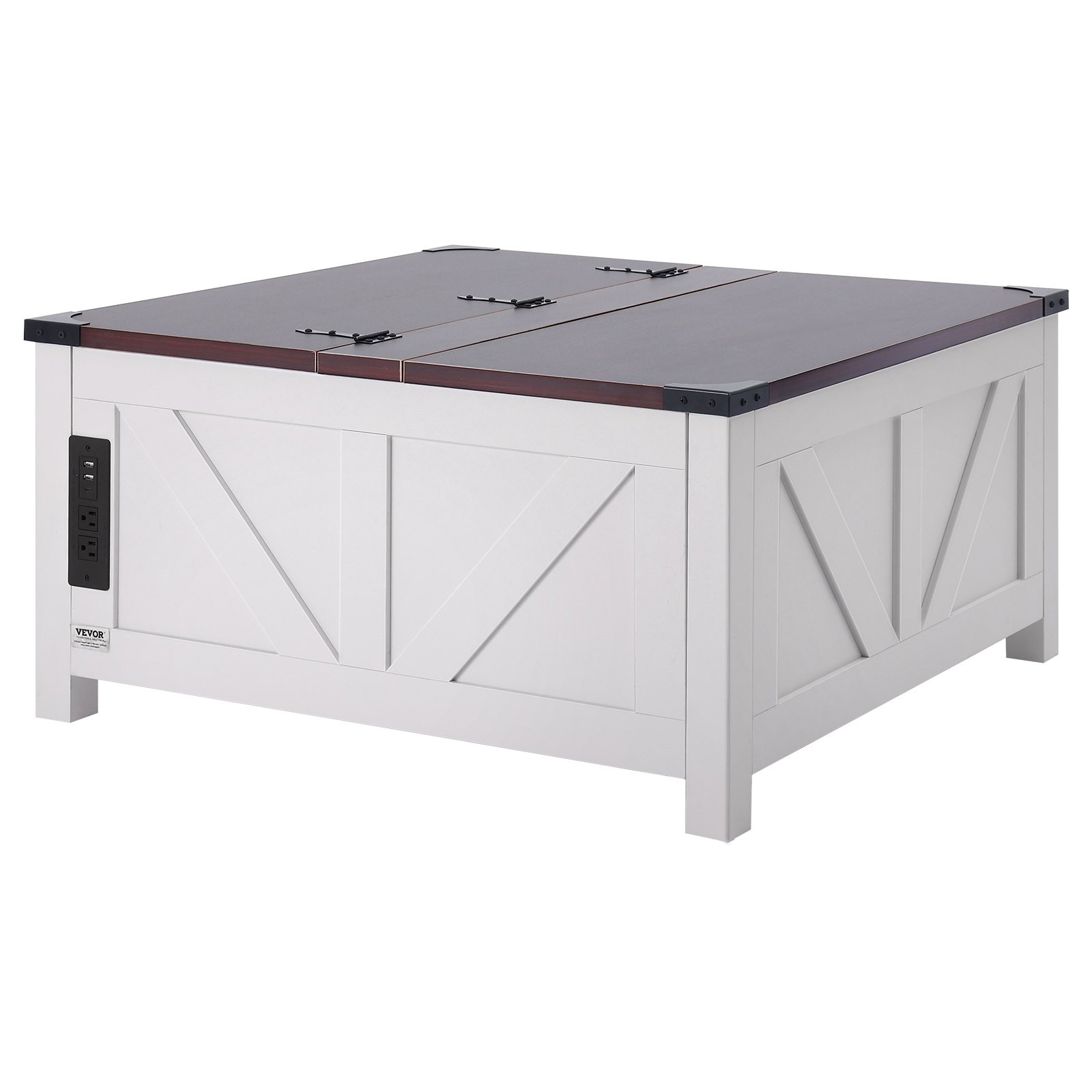 VEVOR Mesa de Centro Rústica de 914x914x462mm, Mesa de Centro Rectangular con Tapa Elevable y Bisagras con Regleta de Enchufe Incorporada para Sala de Estar, Apartamento, Dormitorio, Marrón y Blanco
