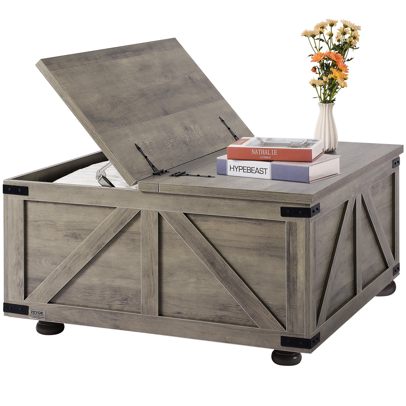 VEVOR Mesa de Centro Rústica de 914 x 914 x 463 mm, Mesa de Centro Cuadrada con Bisagras y Compartimento de Almacenamiento Grande Mesa de Madera para Sala de Estar, Apartamento, Dormitorio, Beige