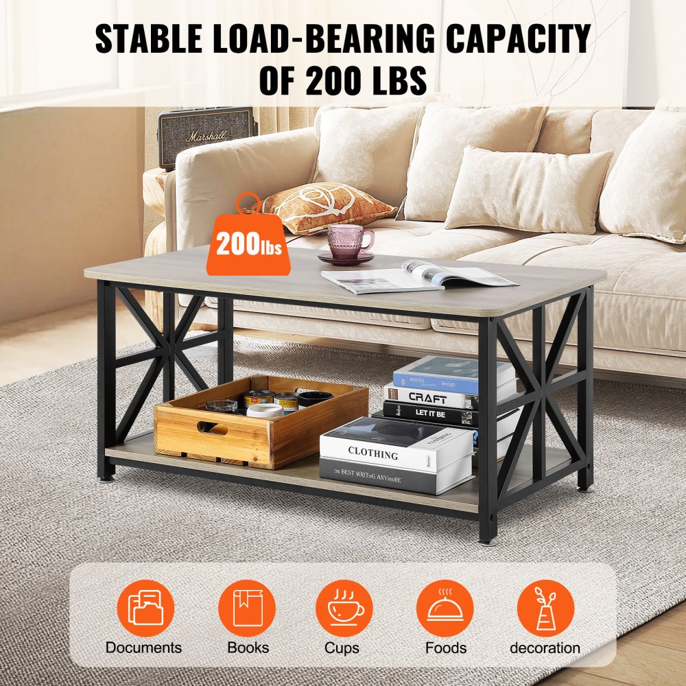 VEVOR Farmhouse Style Coffee Table, 100 cm, Rectangular Coffee Table with Open Storage Compartment, 90.7 kg Load Capacity, Rustic Wooden Cocktail Table for Living Room, Bedroom, Studio