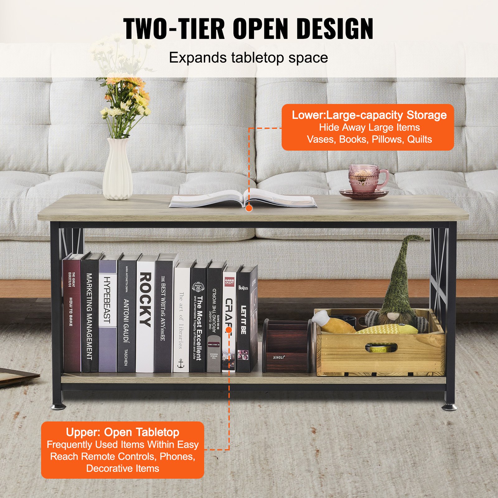 VEVOR Farmhouse Style Coffee Table, 100 cm, Rectangular Coffee Table with Open Storage Compartment, 90.7 kg Load Capacity, Rustic Wooden Cocktail Table for Living Room, Bedroom, Studio