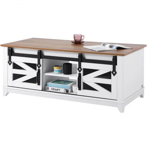 VEVOR Mesa de Centro Rústica de 2 Niveles de 1210 x 560 x 481 mm, Mesa de Centro Rectangular con 2 Puertas Corredizas, Estantes Extraíbles para Sala de Estar, Apartamento, Color Blanco y Natural