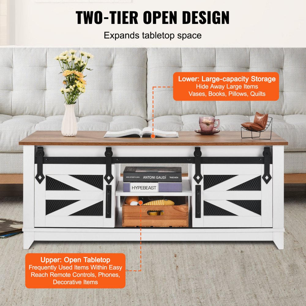VEVOR Mesa de Centro Rústica de 2 Niveles de 1210 x 560 x 481 mm, Mesa de Centro Rectangular con 2 Puertas Corredizas, Estantes Extraíbles para Sala de Estar, Apartamento, Color Blanco y Natural