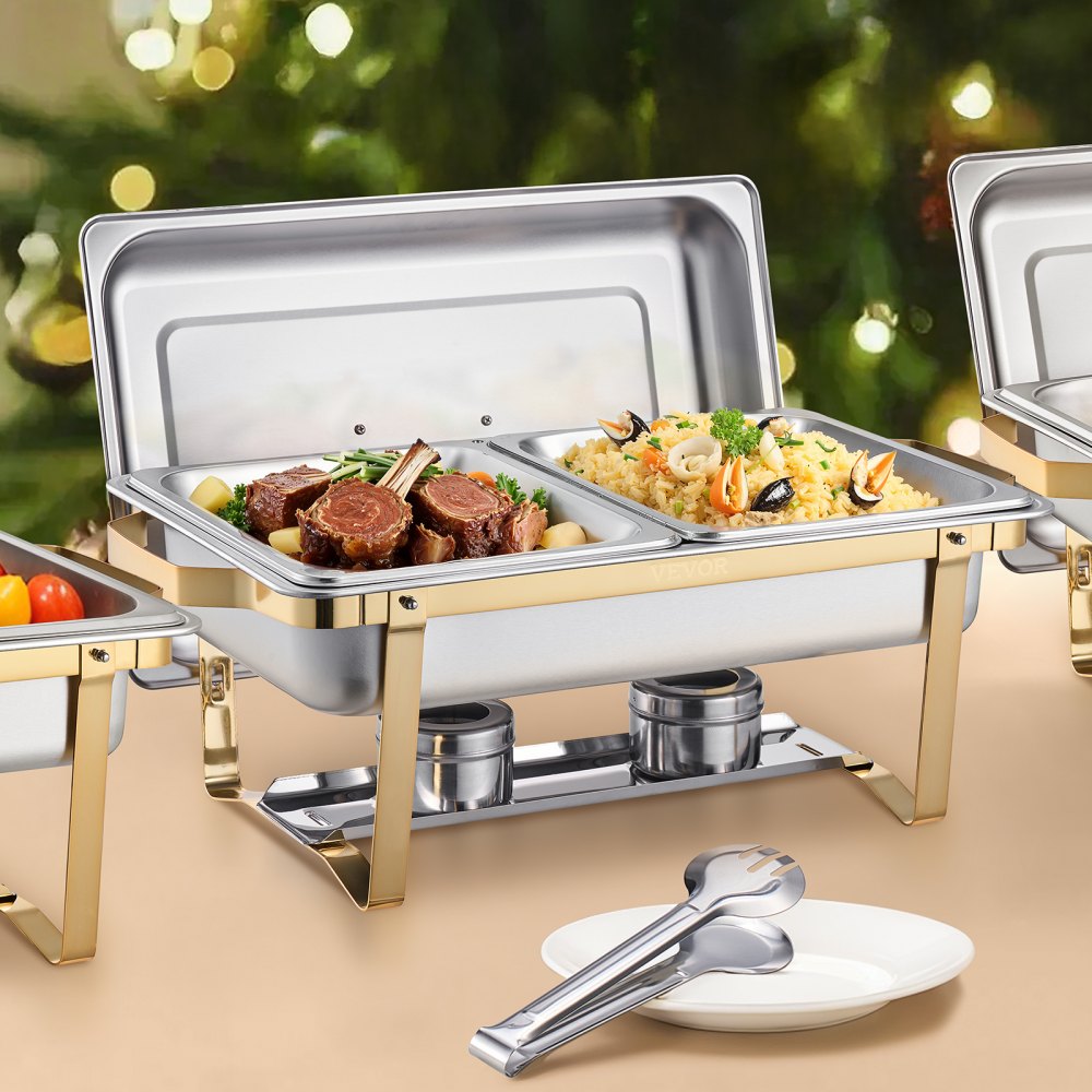 VEVOR Juego de Calentador de Alimentos de Acero Inoxidable con 2 Cacerolas de Tamaño Completo(7,5 L) y 4 Cacerolas de Tamaño Medio(4 L), Rectangular, para Catering con Tapa y Soporte, Dorado