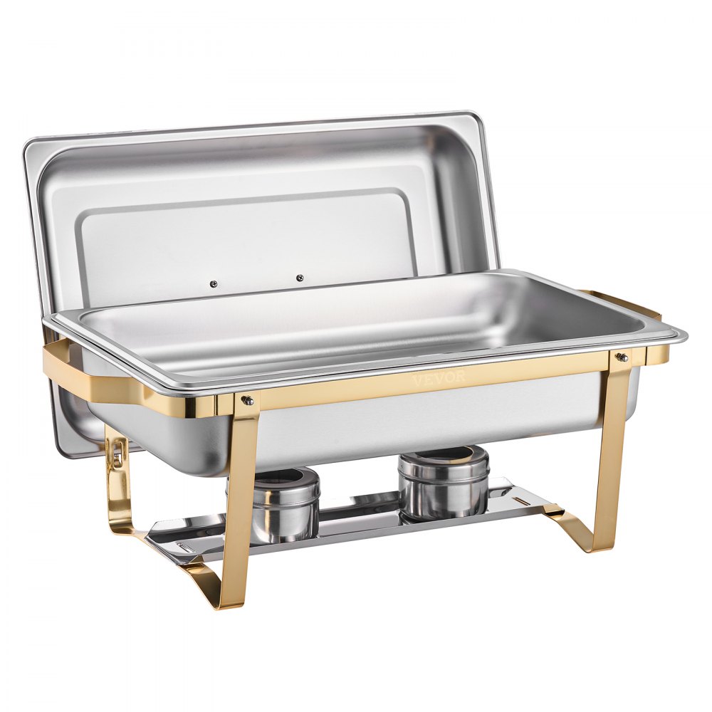 VEVOR Juego de Calentador de Alimentos de Acero Inoxidable con 2 Cacerolas de Tamaño Completo(7,5 L) y 4 Cacerolas de Tamaño Medio(4 L), Rectangular, para Catering con Tapa y Soporte, Dorado