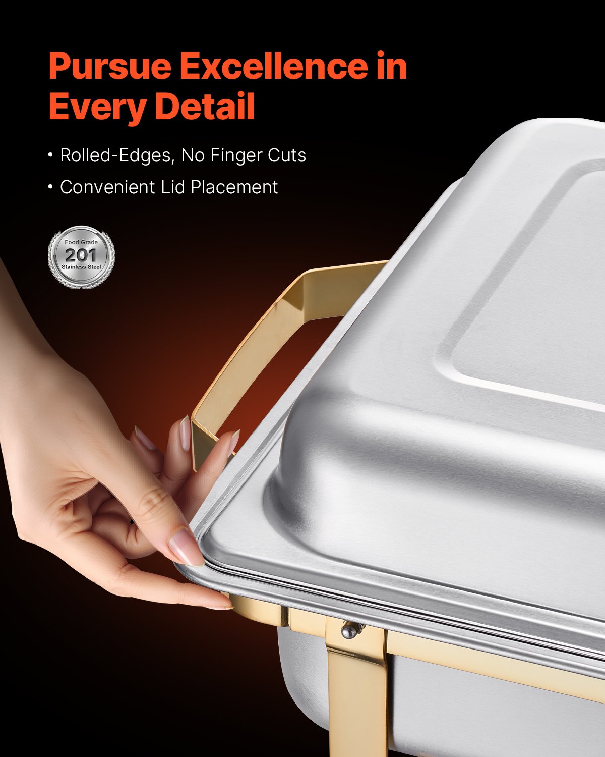 VEVOR Juego de Calentador de Alimentos de Acero Inoxidable con 2 Cacerolas de Tamaño Completo(7,5 L) y 4 Cacerolas de Tamaño Medio(4 L), Rectangular, para Catering con Tapa y Soporte, Dorado