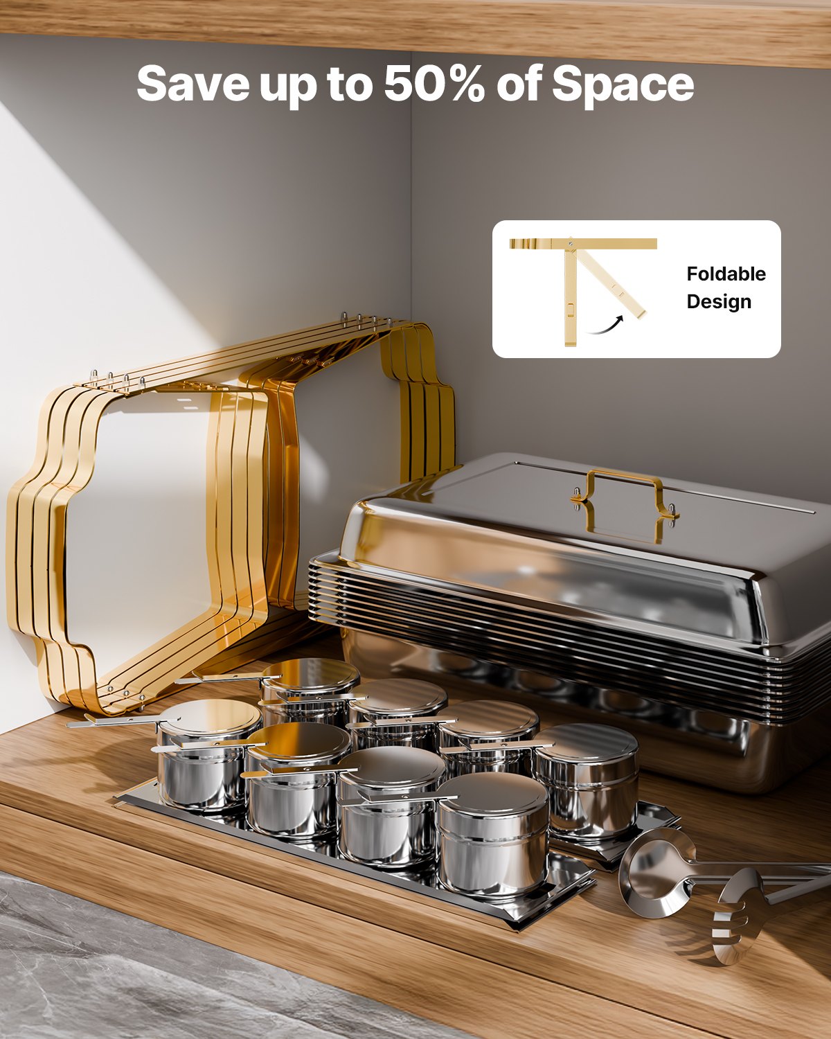 VEVOR Juego de Calentador de Alimentos de Acero Inoxidable con 2 Cacerolas de Tamaño Completo(7,5 L) y 4 Cacerolas de Tamaño Medio(4 L), Rectangular, para Catering con Tapa y Soporte, Dorado