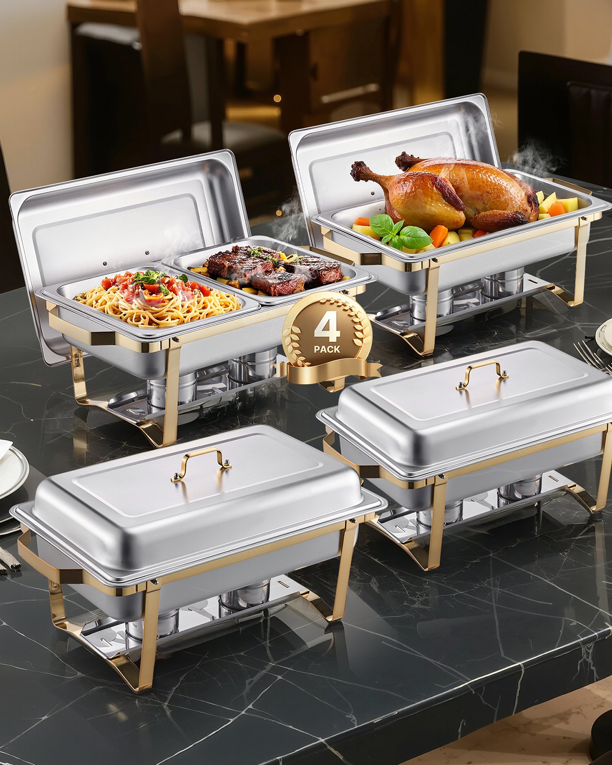 VEVOR Juego de Calentador de Alimentos de Acero Inoxidable con 2 Cacerolas de Tamaño Completo(7,5 L) y 4 Cacerolas de Tamaño Medio(4 L), Rectangular, para Catering con Tapa y Soporte, Dorado