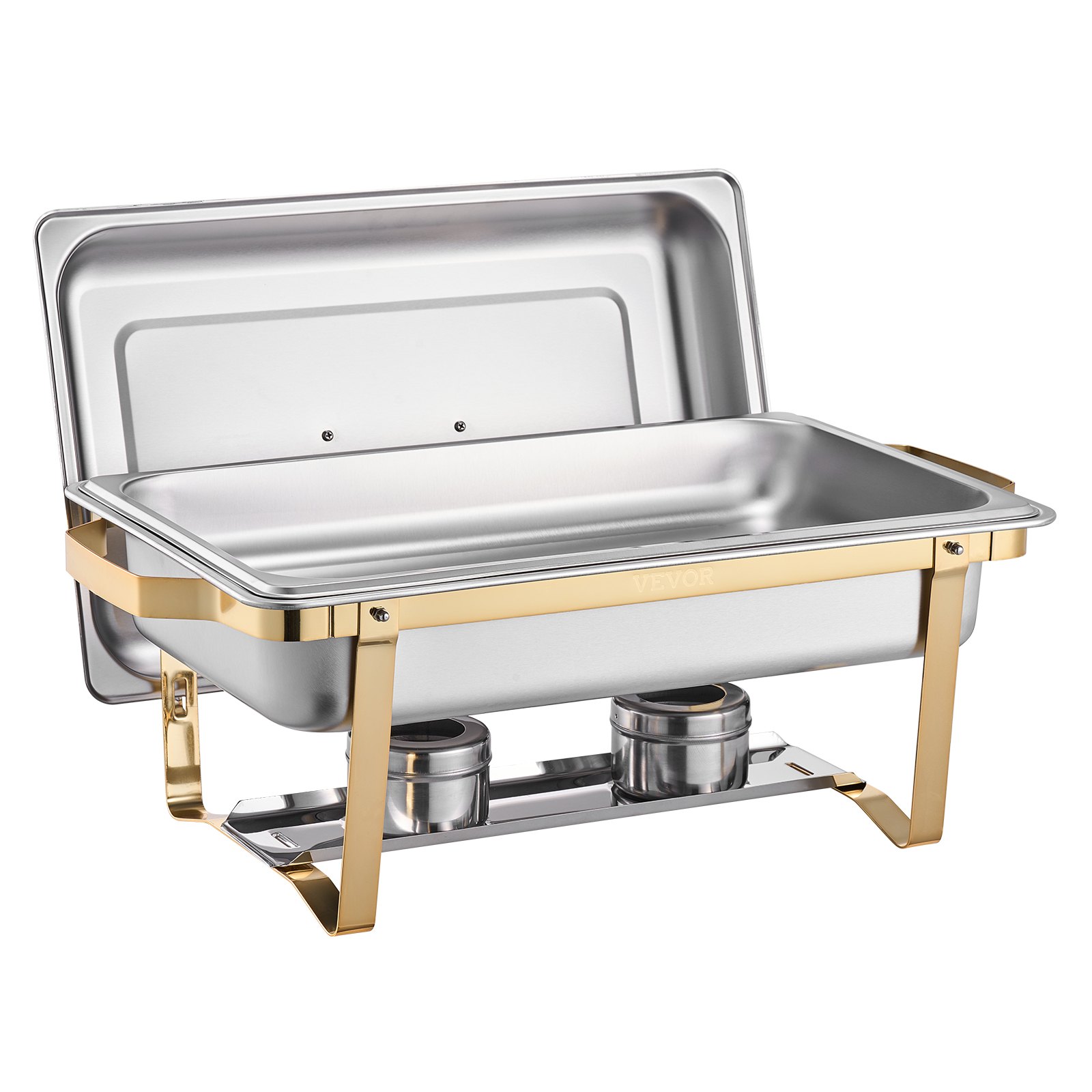 VEVOR Juego de Calentador de Alimentos de Acero Inoxidable con 2 Cacerolas de Tamaño Completo(7,5 L) y 4 Cacerolas de Tamaño Medio(4 L), Rectangular, para Catering con Tapa y Soporte, Dorado
