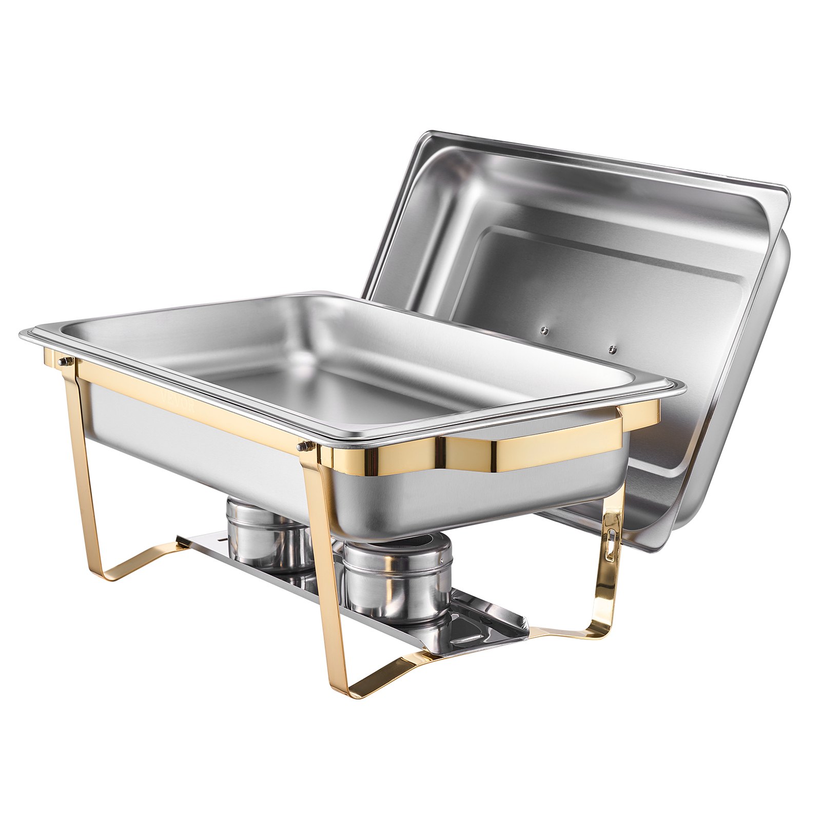 VEVOR Juego de Calentador de Alimentos de Acero Inoxidable con 2 Cacerolas de Tamaño Completo(7,5 L) y 4 Cacerolas de Tamaño Medio(4 L), Rectangular, para Catering con Tapa y Soporte, Dorado