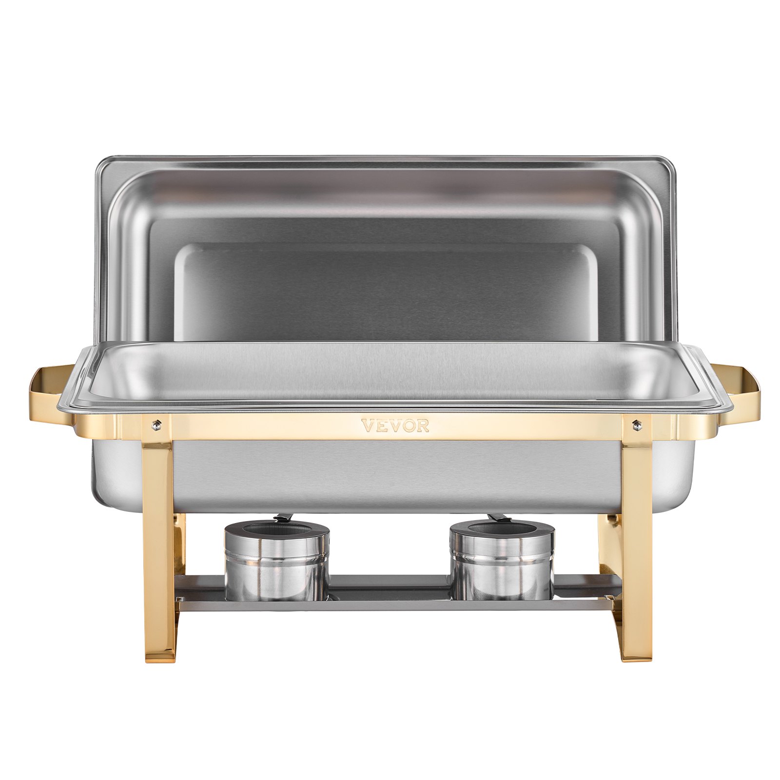 VEVOR Juego de Calentador de Alimentos de Acero Inoxidable con 2 Cacerolas de Tamaño Completo(7,5 L) y 4 Cacerolas de Tamaño Medio(4 L), Rectangular, para Catering con Tapa y Soporte, Dorado