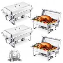 VEVOR Juego de 4 Platos para Calentar Alimentos de Acero Inoxidable con 4 Sartenes Tamaño Completo(7,5 L), Rectangular, para Catering con Tapa, Soporte para Bandeja de Agua y Combustible, Plata