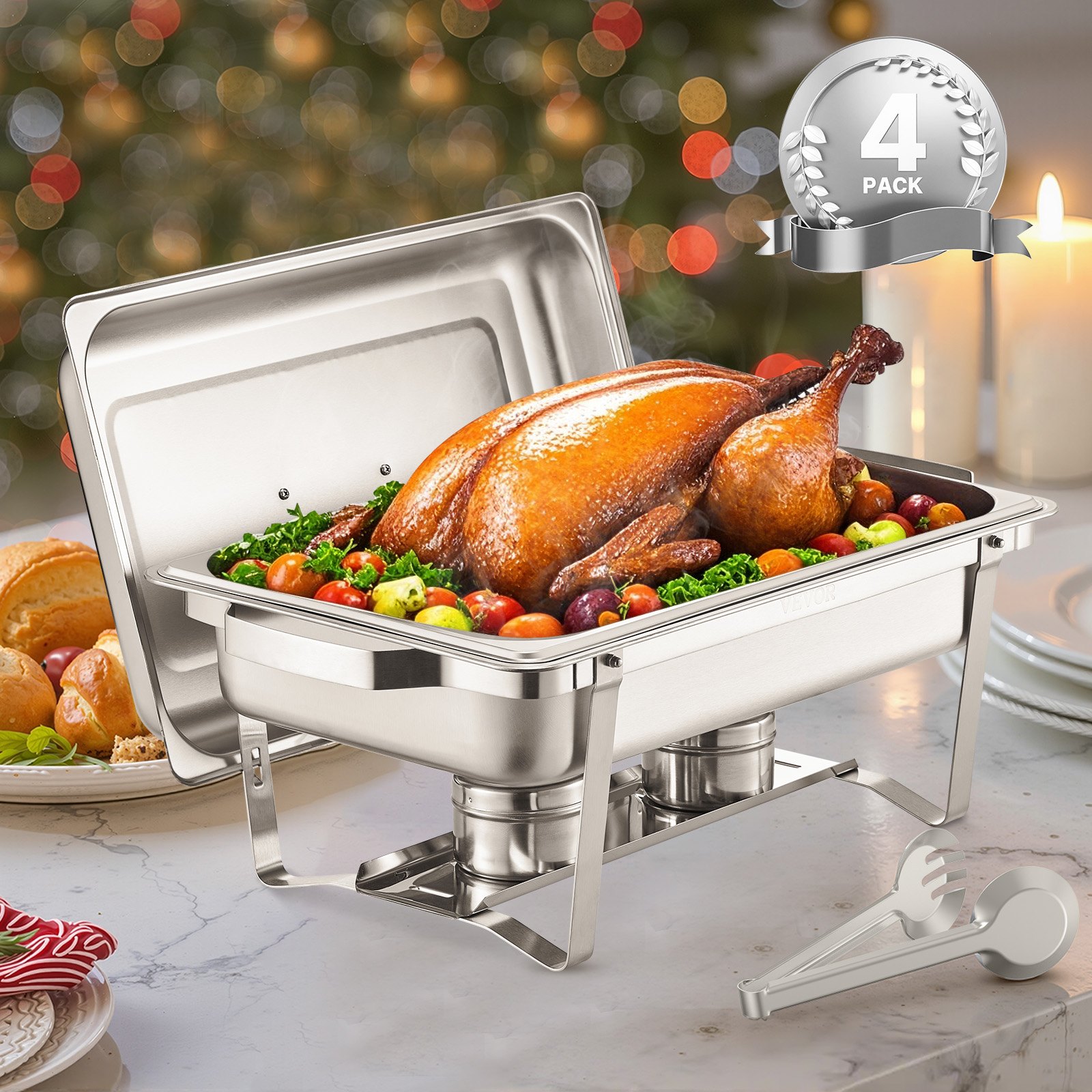 VEVOR Juego de 4 Platos para Calentar Alimentos de Acero Inoxidable con 4 Sartenes Tamaño Completo(7,5 L), Rectangular, para Catering con Tapa, Soporte para Bandeja de Agua y Combustible, Plata