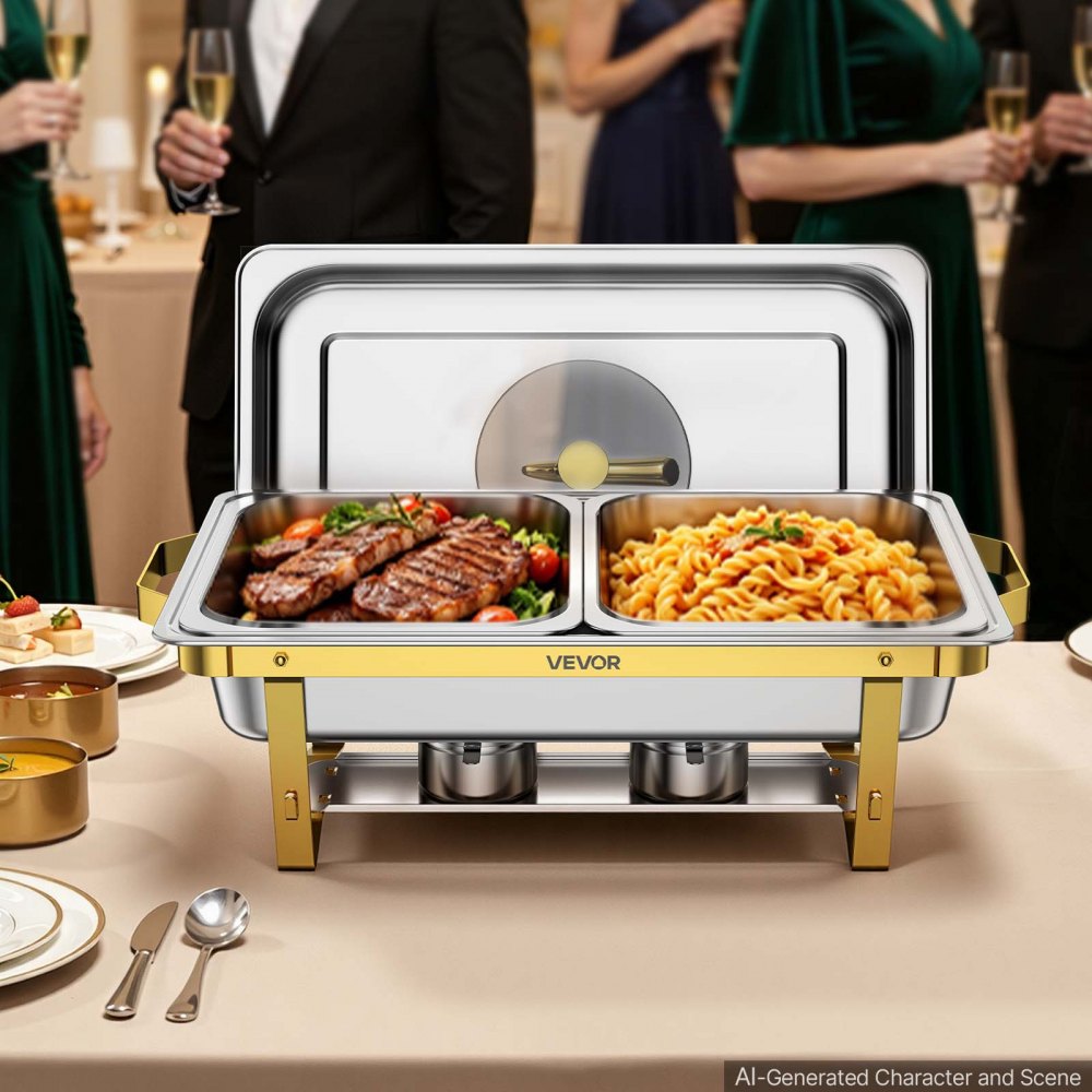 VEVOR Calentador de Comida para Bufé 8,52 L, de Acero Inoxidable, Rectangular, Apilable, con 2 Bandejas Grandes y 4 de Tamaño Medio, Tapas, Soportes para Combustible, para Banquetes, Bodas, Fiestas