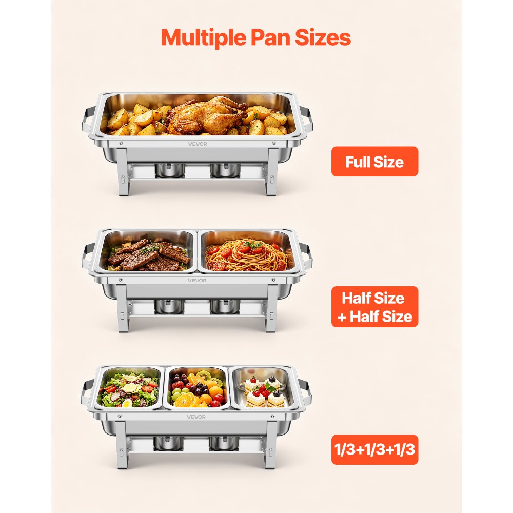 VEVOR Juego de 4 Calentadores de Comida para Bufé 8,52 L, Acero Inoxidable, Rectangular, con 2 Bandejas Grandes, 2 Medianas y 3 de un Tercio, Tapas, Soportes para Combustible, para Banquetes, Bodas