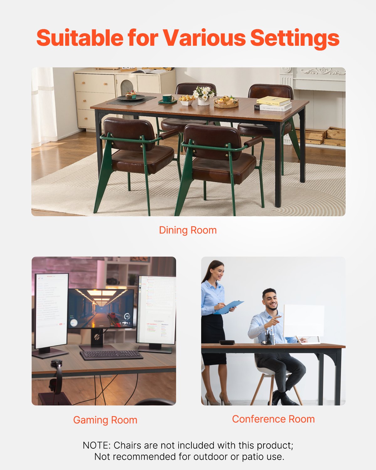 VEVOR Mesa de Comedor Rectangular 180x80x75 cm Grosor de 1,8 cm Mesa de Madera para 6-8 Personas Mueble de Comedor con Patas de Hierro para Oficina, Hogar, Cocina, Sala de Estar, Marrón, Solo Mesa