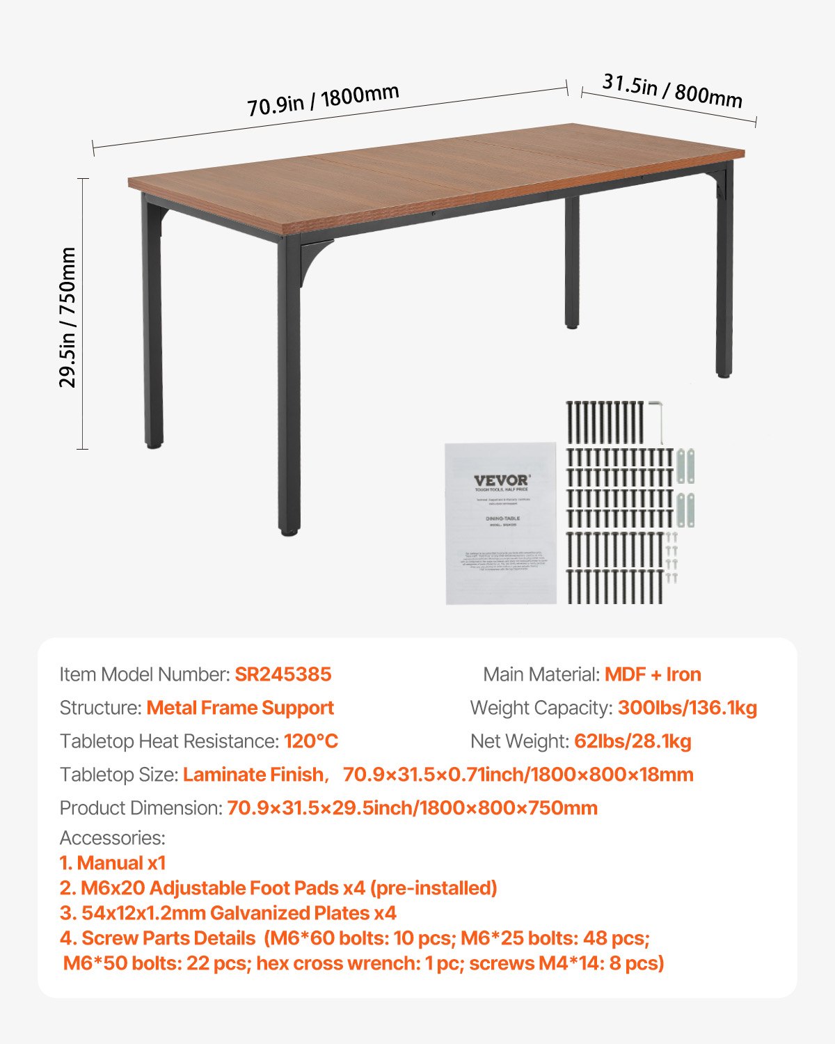VEVOR Mesa de Comedor Rectangular 180x80x75 cm Grosor de 1,8 cm Mesa de Madera para 6-8 Personas Mueble de Comedor con Patas de Hierro para Oficina, Hogar, Cocina, Sala de Estar, Marrón, Solo Mesa