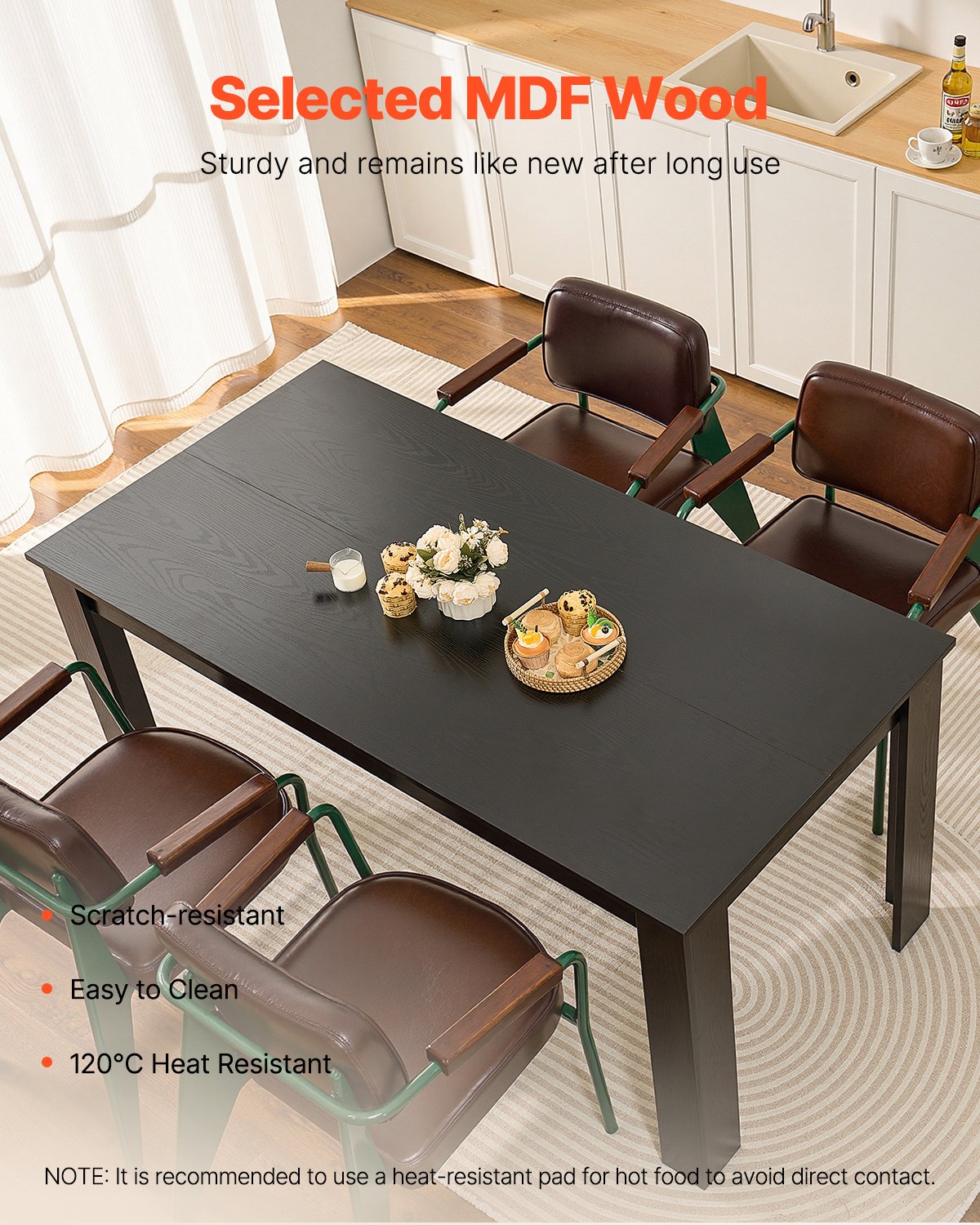 VEVOR Mesa de Comedor Rectangular 160 x 80 x 76 cm Grosor de 1,5 cm Mesa de Madera para 4-6 Personas Carga de 150 kg Mueble de Comedor Moderno para Oficina, Hogar, Cocina, Sala de Estar, Solo Mesa