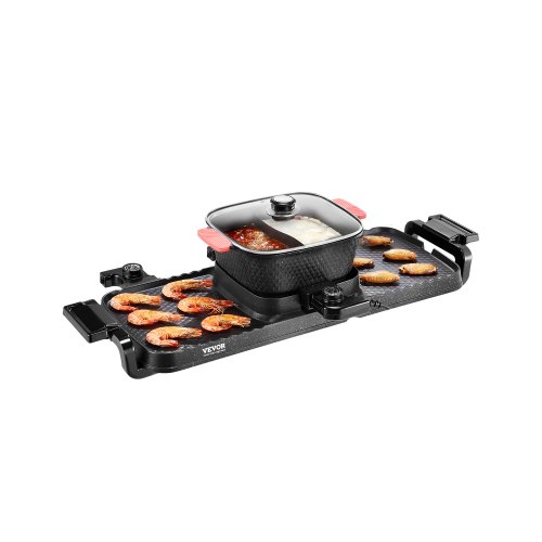 VEVOR Olla Caliente con Parrilla sin Humo 2 en 1 de 2300 W, con Sartén Antiadherente, Control de Temperatura Dual Independiente, Barbacoa Coreana de Interior para 1-6 Personas, 770 x 282 x 198 mm