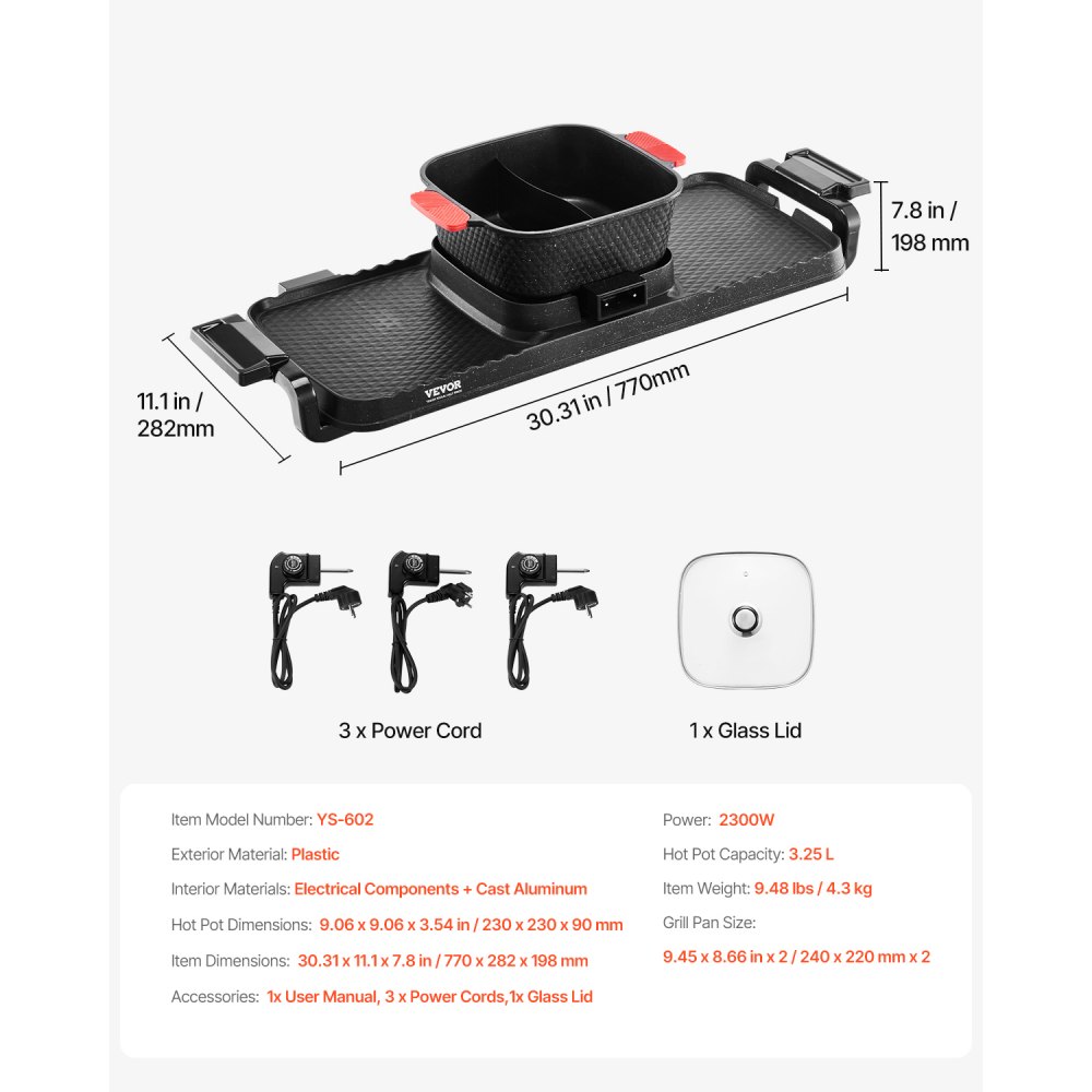 VEVOR Hot Pot 2300 W 2 in 1 Electric Smokeless Grill, Removable Shabu-Shabu Pot with Non-Stick Pan, Separate Dual Temperature Control, Korean Indoor BBQ Grill for 1-6 People