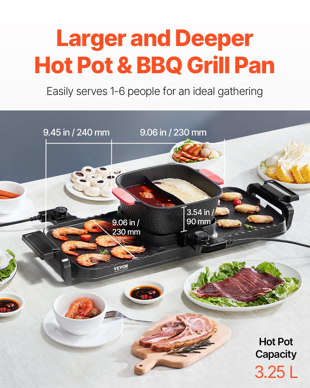 VEVOR Hot Pot 2300 W 2 in 1 Electric Smokeless Grill, Removable Shabu-Shabu Pot with Non-Stick Pan, Separate Dual Temperature Control, Korean Indoor BBQ Grill for 1-6 People