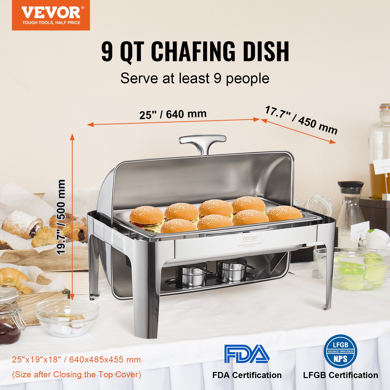 VEVOR Calentador de Alimentos 8,5 L Calentador de Combustible Buffet Tapa Abatible Calentador de Alimentos de Acero Inoxidable con 1 Pinza Mantiene Caliente para Autoservicio Buffet Hotel Catering