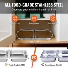 VEVOR Juego de 2 platos de cocina de 8 cuartos de galón, de acero inoxidable con 2 sartenes completas y 4 de tamaño medio, servidor rectangular con tapa para bandeja de agua, soporte plegable para ban