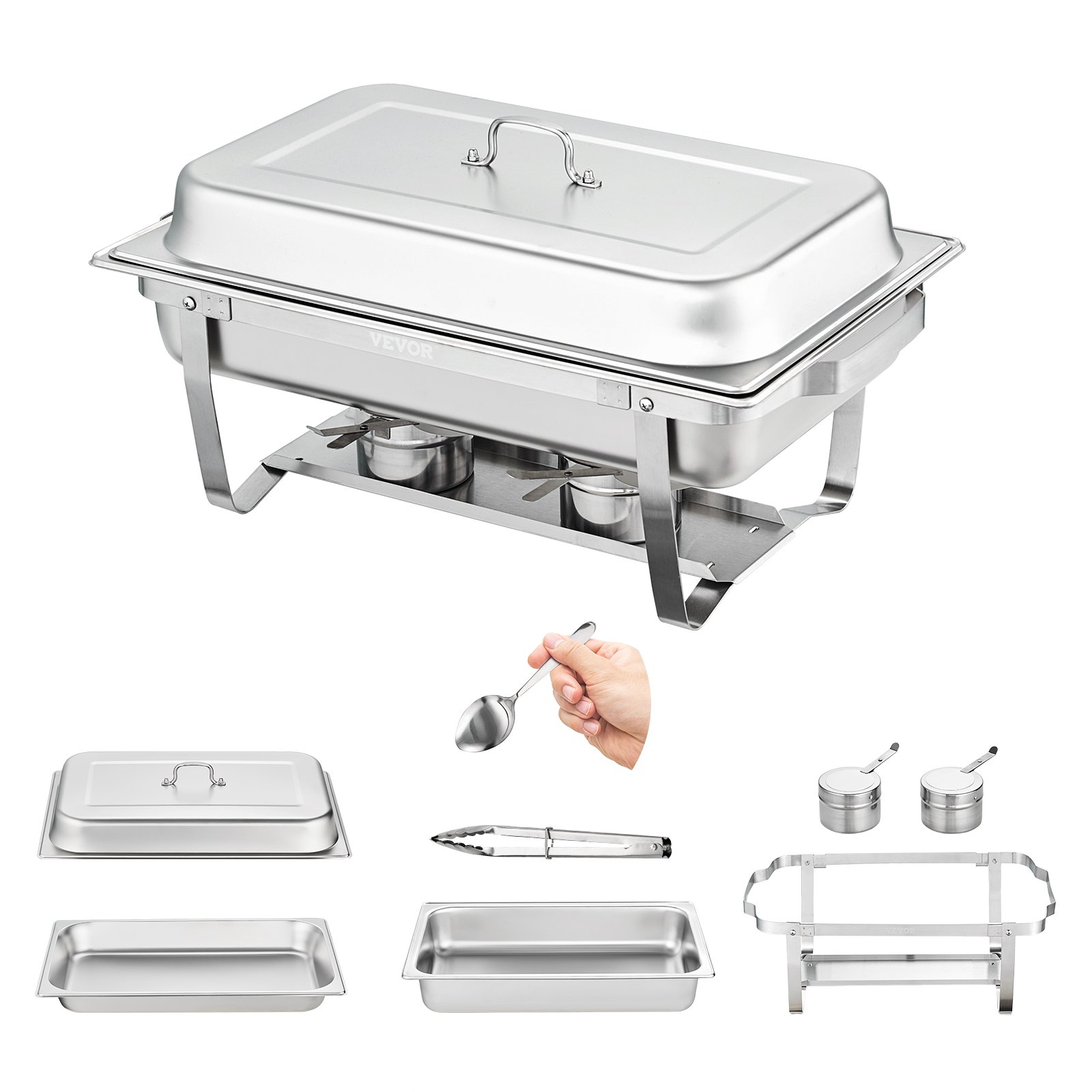 Plato para calentar alimentos VEVOR con kit completo, que incluye soportes para combustible, tapa, bandeja para agua, bandeja para alimentos y utensilios para servir.
