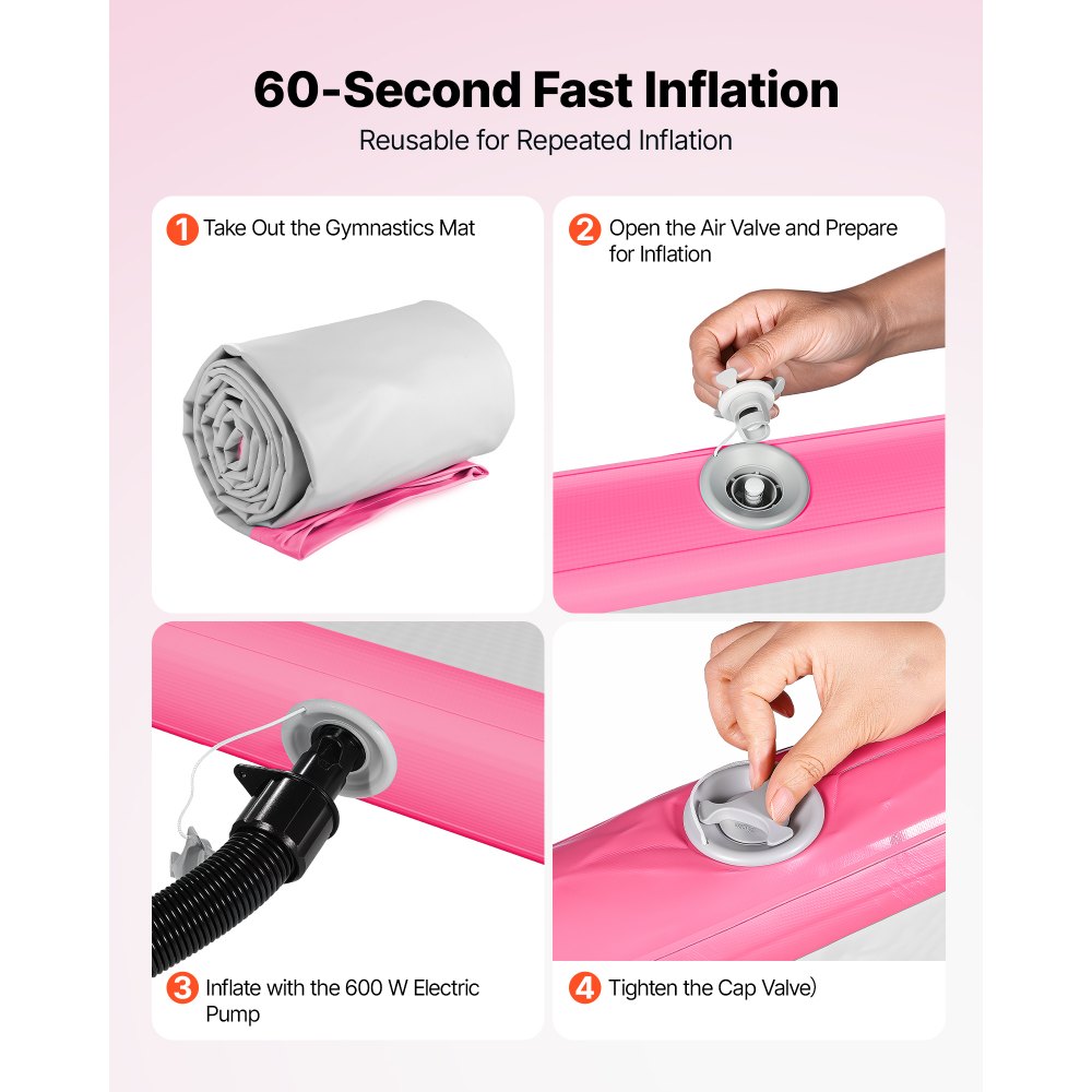 VEVOR Colchoneta Inflable de Gimnasia de Aire 300 x 100 x 20 cm, con Bomba de Aire Eléctrica, Material de PVC Resistente y Robusto, para Yoga, Hogar, Gimnasio, Exteriores, Playa, Parque, Rosa