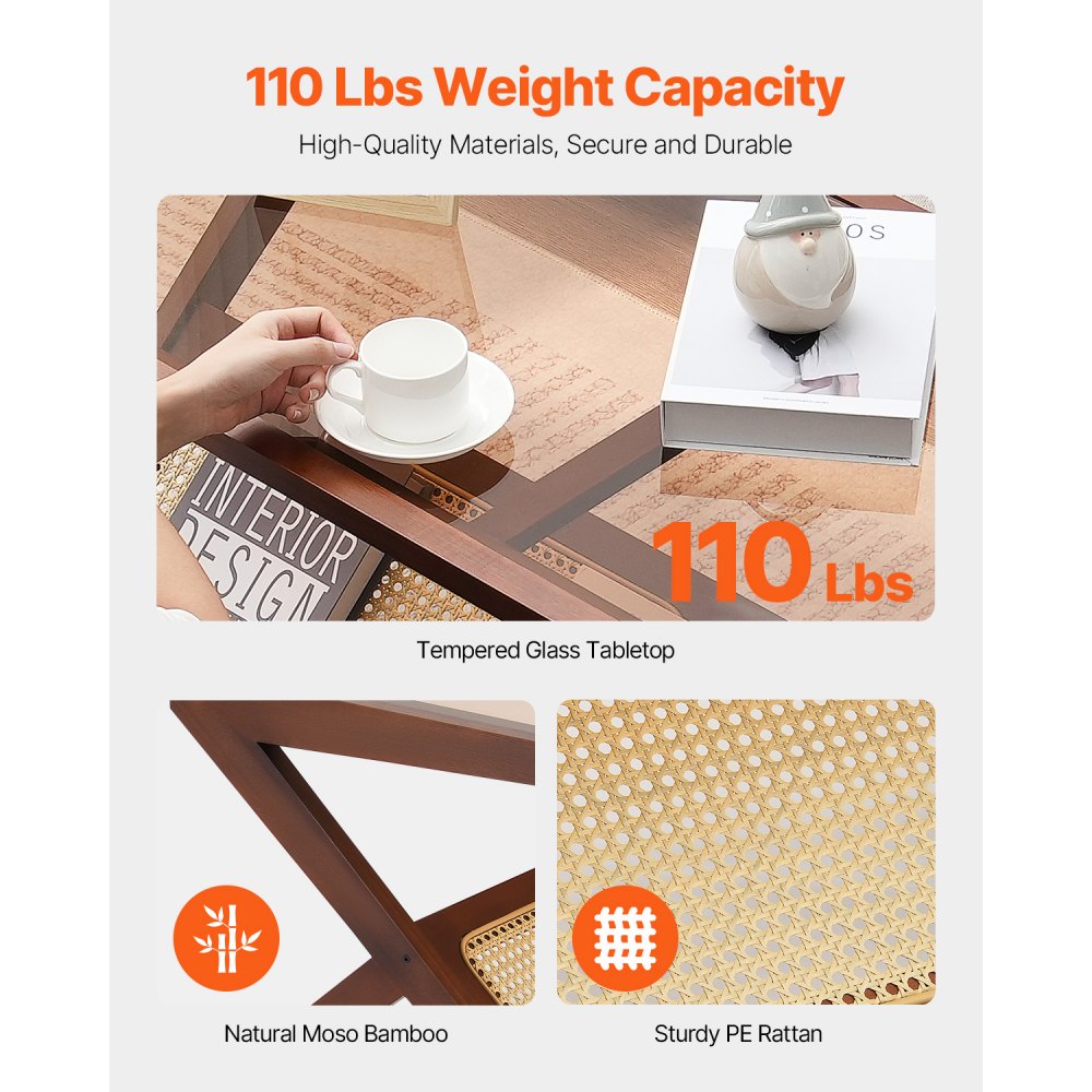 VEVOR Mesa de Centro de Bambú Tejido de Ratán en Forma de Z con Tablero de Vidrio Templado, Mesa de Centro de Almacenamiento de 1200 x 559 x 435 mm con Patas de Bambú para Sala de Estar, Dormitorio
