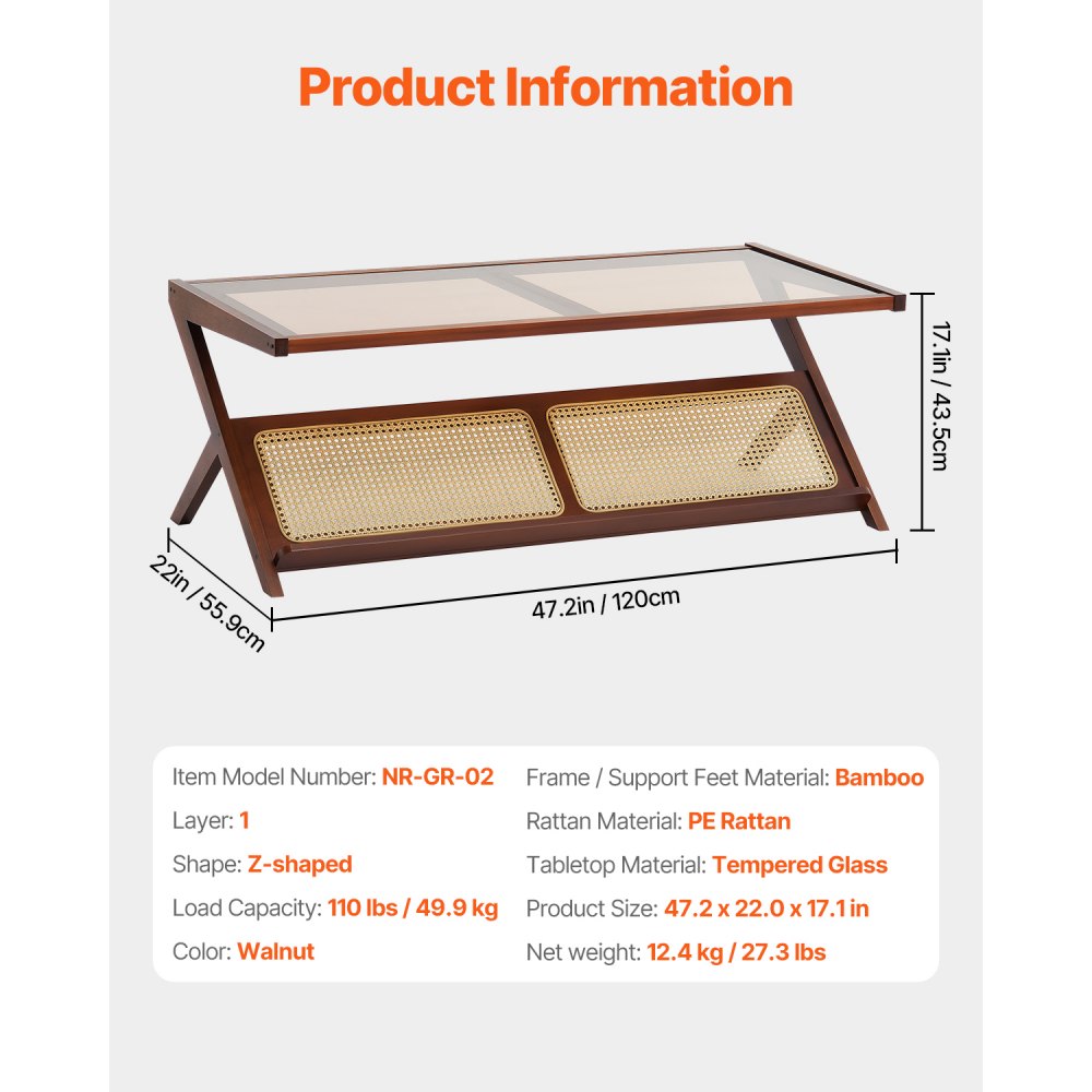 VEVOR Mesa de Centro de Bambú Tejido de Ratán en Forma de Z con Tablero de Vidrio Templado, Mesa de Centro de Almacenamiento de 1200 x 559 x 435 mm con Patas de Bambú para Sala de Estar, Dormitorio