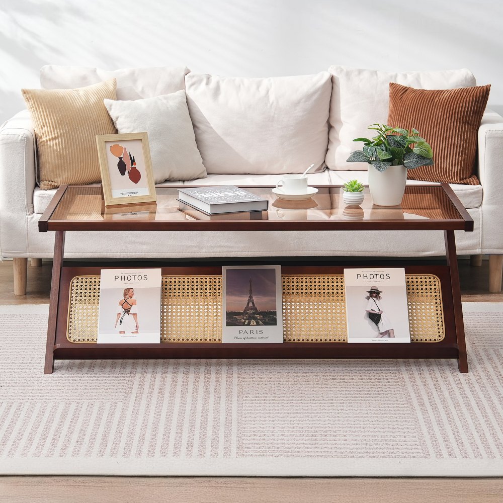 VEVOR Mesa de Centro de Bambú Tejido de Ratán en Forma de Z con Tablero de Vidrio Templado, Mesa de Centro de Almacenamiento de 1200 x 559 x 435 mm con Patas de Bambú para Sala de Estar, Dormitorio