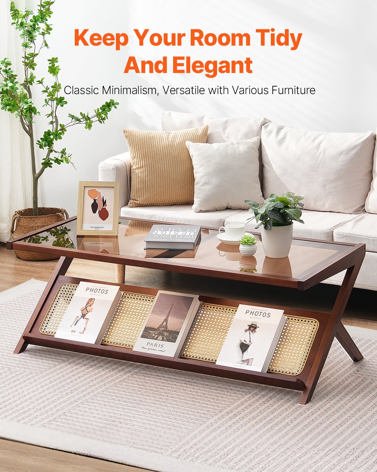 VEVOR Mesa de Centro de Bambú Tejido de Ratán en Forma de Z con Tablero de Vidrio Templado, Mesa de Centro de Almacenamiento de 1200 x 559 x 435 mm con Patas de Bambú para Sala de Estar, Dormitorio