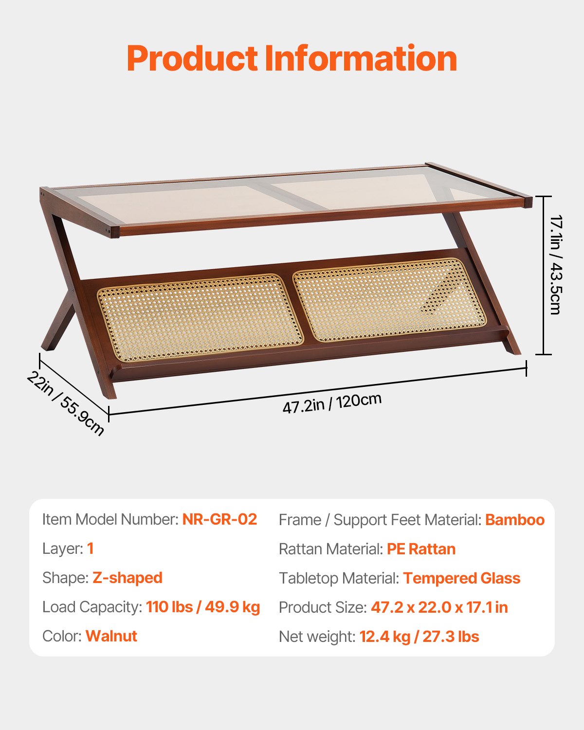 VEVOR Mesa de Centro de Bambú Tejido de Ratán en Forma de Z con Tablero de Vidrio Templado, Mesa de Centro de Almacenamiento de 1200 x 559 x 435 mm con Patas de Bambú para Sala de Estar, Dormitorio