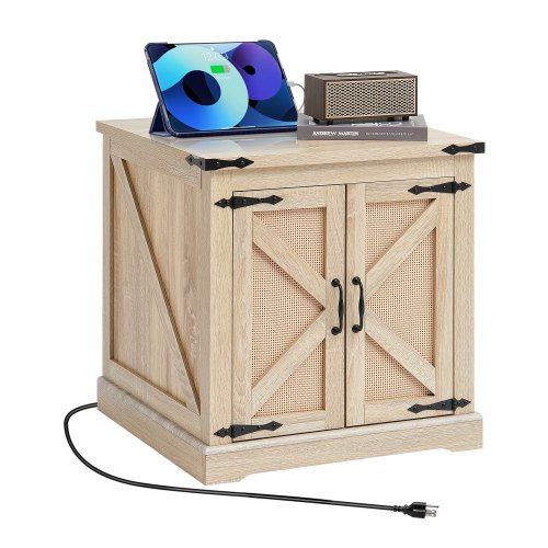 VEVOR Mesa Auxiliar Estilo Granja de 600 x 600 x 615 mm, Mesa de Centro Rectangular de Madera Tejida de Ratán Sintético con Bisagras de Metal Retro, Mesa de Centro para Sala de Estar, Color Madera