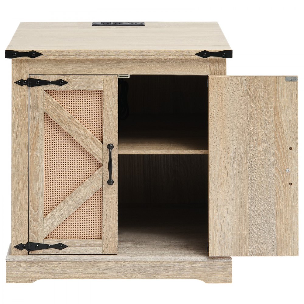 VEVOR Mesa Auxiliar Estilo Granja de 600 x 600 x 615 mm, Mesa de Centro Rectangular de Madera Tejida de Ratán Sintético con Bisagras de Metal Retro, Mesa de Centro para Sala de Estar, Color Madera