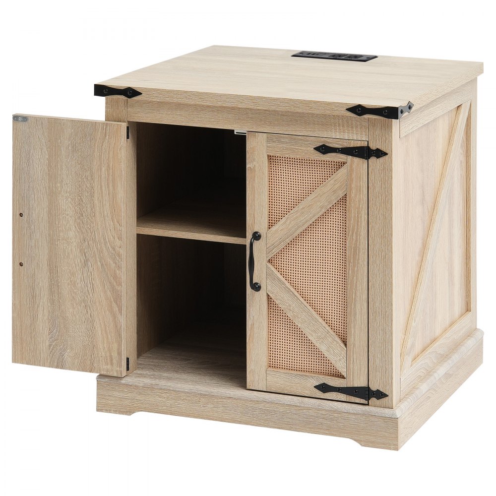 VEVOR Mesa Auxiliar Estilo Granja de 600 x 600 x 615 mm, Mesa de Centro Rectangular de Madera Tejida de Ratán Sintético con Bisagras de Metal Retro, Mesa de Centro para Sala de Estar, Color Madera