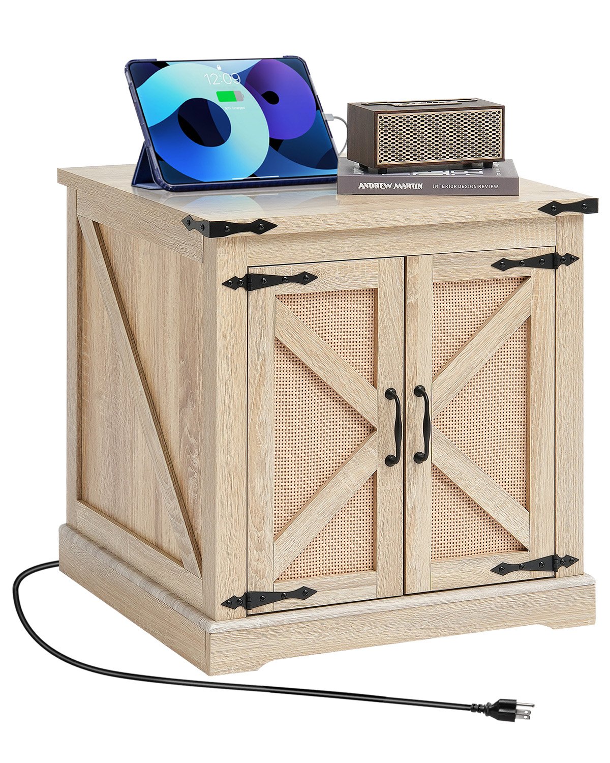 VEVOR Mesa Auxiliar Estilo Granja de 600 x 600 x 615 mm, Mesa de Centro Rectangular de Madera Tejida de Ratán Sintético con Bisagras de Metal Retro, Mesa de Centro para Sala de Estar, Color Madera