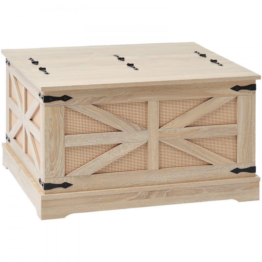 VEVOR Mesa de Centro de Ratán de 800 x 800 x 460 mm, Mesa de Centro Rectangular de Madera Tejida de Ratán Sintético con Tablero de MDF, Bisagras de Metal Retro para Sala de Estar, Color Madera