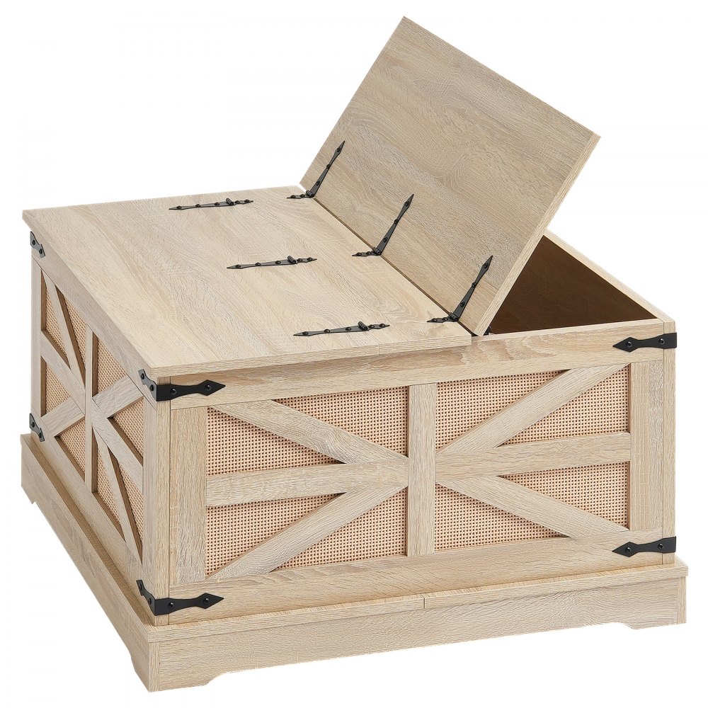 VEVOR Mesa de Centro de Ratán de 800 x 800 x 460 mm, Mesa de Centro Rectangular de Madera Tejida de Ratán Sintético con Tablero de MDF, Bisagras de Metal Retro para Sala de Estar, Color Madera