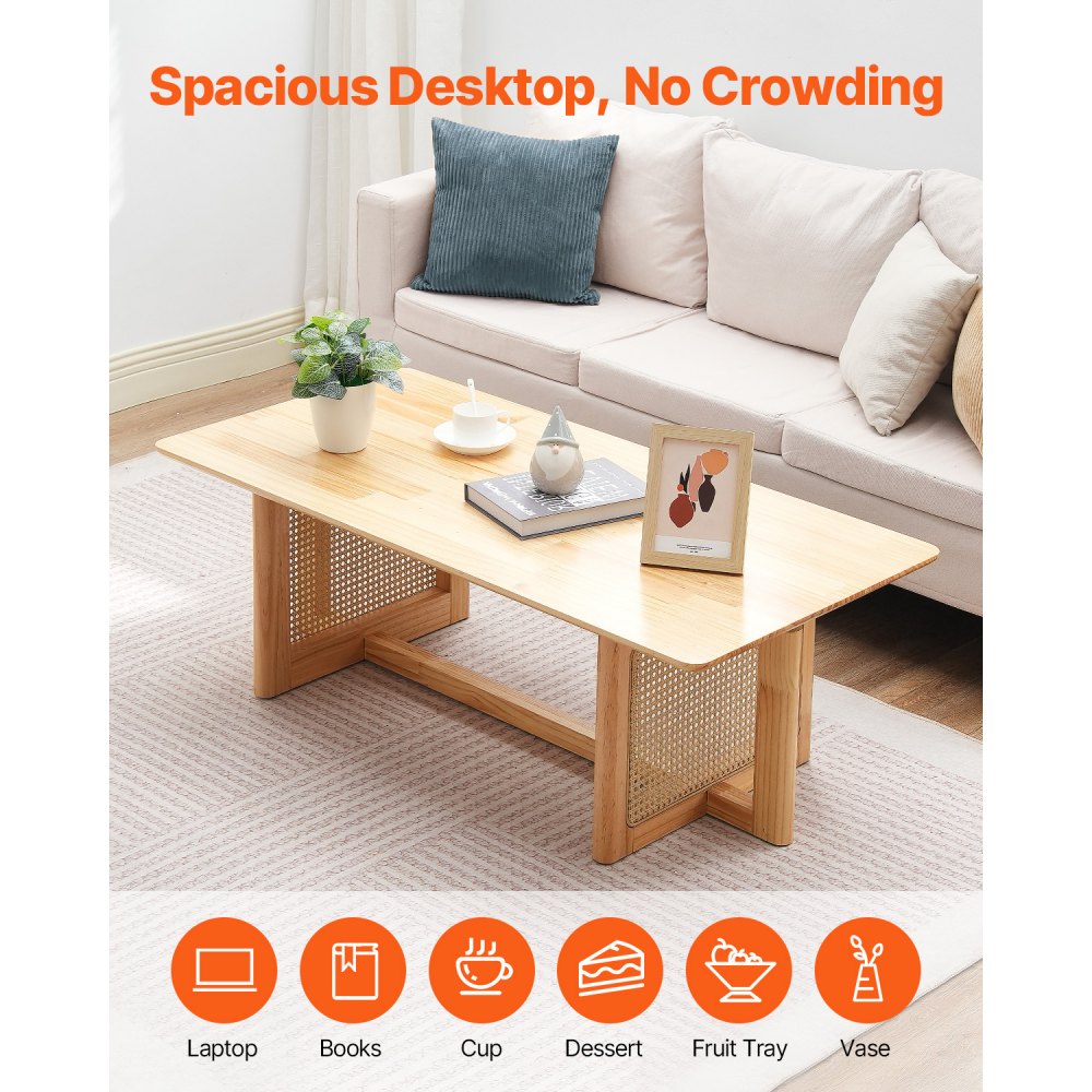 VEVOR Mesa de Centro de Ratán de 1200 x 600 x 400 mm, Mesa de Centro Rectangular de Madera Tejida de Ratán con Tablero de Madera de Caucho, Patas de Madera Natural para Sala de Estar, Color Madera