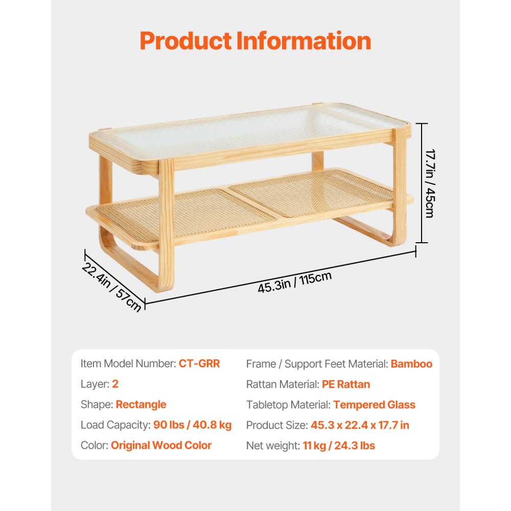 VEVOR Mesa de Centro Rectangular de Madera Tejida de Ratán con  Tablero de Vidrio Templado, Mesa de Centro de Almacenamiento de 2 Capas de 1150 x 570 x 450 mm con Patas de Madera para Sala de Estar