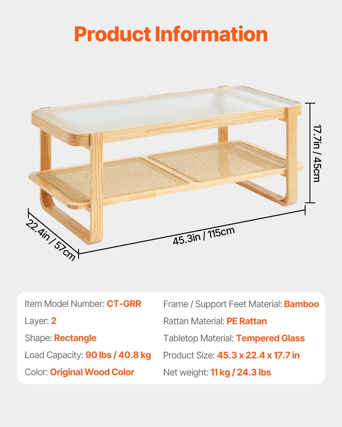VEVOR Mesa de Centro Rectangular de Madera Tejida de Ratán con  Tablero de Vidrio Templado, Mesa de Centro de Almacenamiento de 2 Capas de 1150 x 570 x 450 mm con Patas de Madera para Sala de Estar