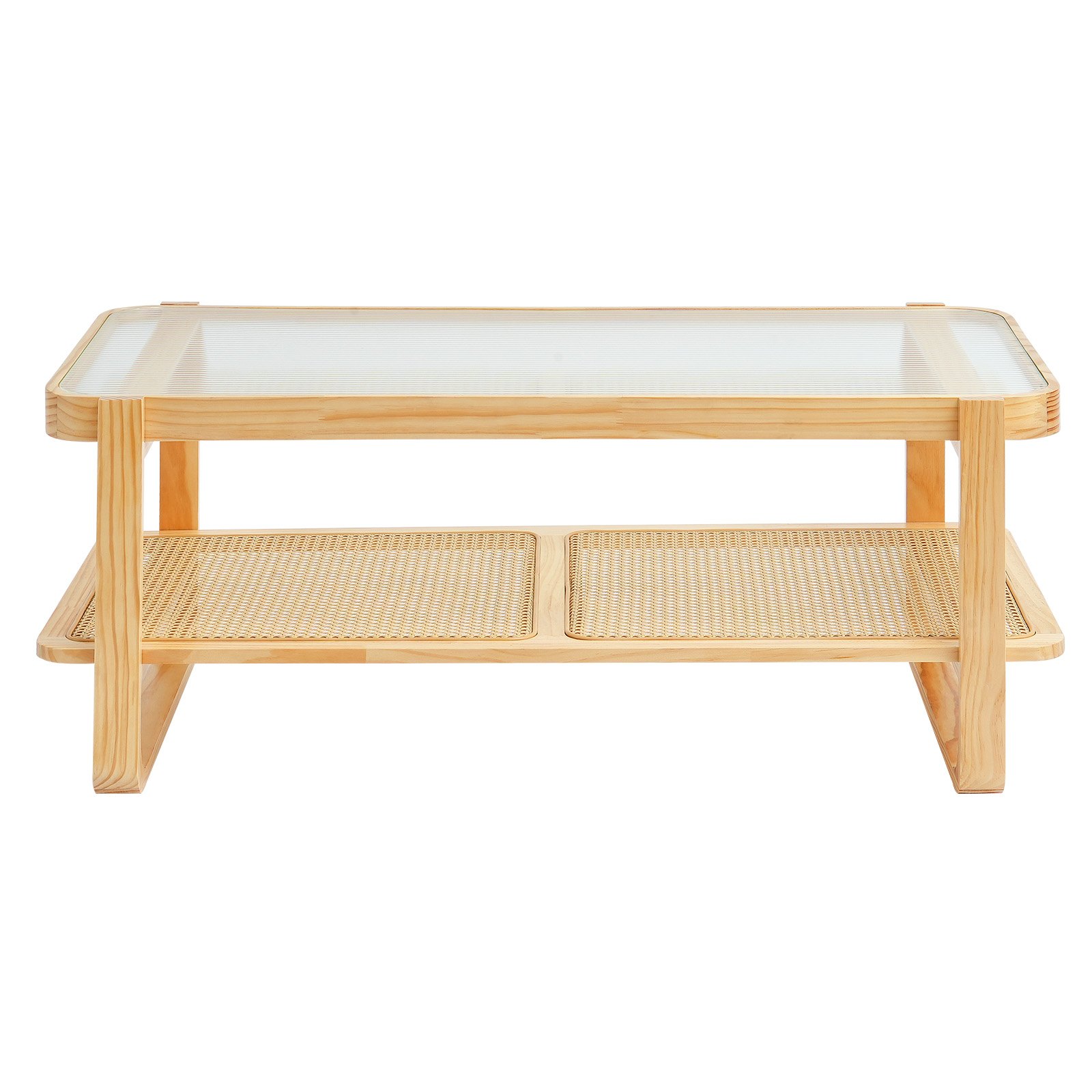VEVOR Mesa de Centro Rectangular de Madera Tejida de Ratán con  Tablero de Vidrio Templado, Mesa de Centro de Almacenamiento de 2 Capas de 1150 x 570 x 450 mm con Patas de Madera para Sala de Estar