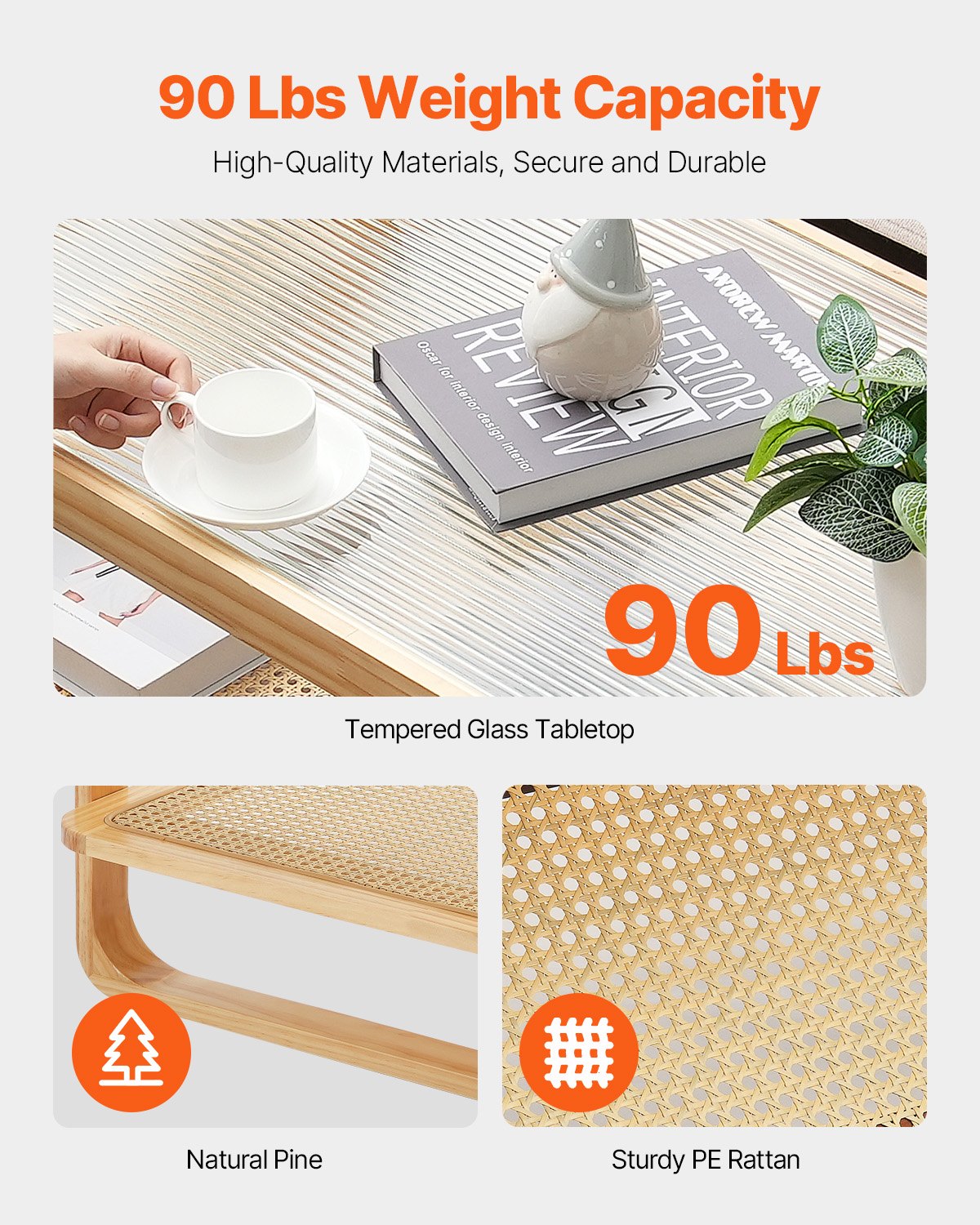 VEVOR Mesa de Centro Rectangular de Madera Tejida de Ratán con  Tablero de Vidrio Templado, Mesa de Centro de Almacenamiento de 2 Capas de 1150 x 570 x 450 mm con Patas de Madera para Sala de Estar