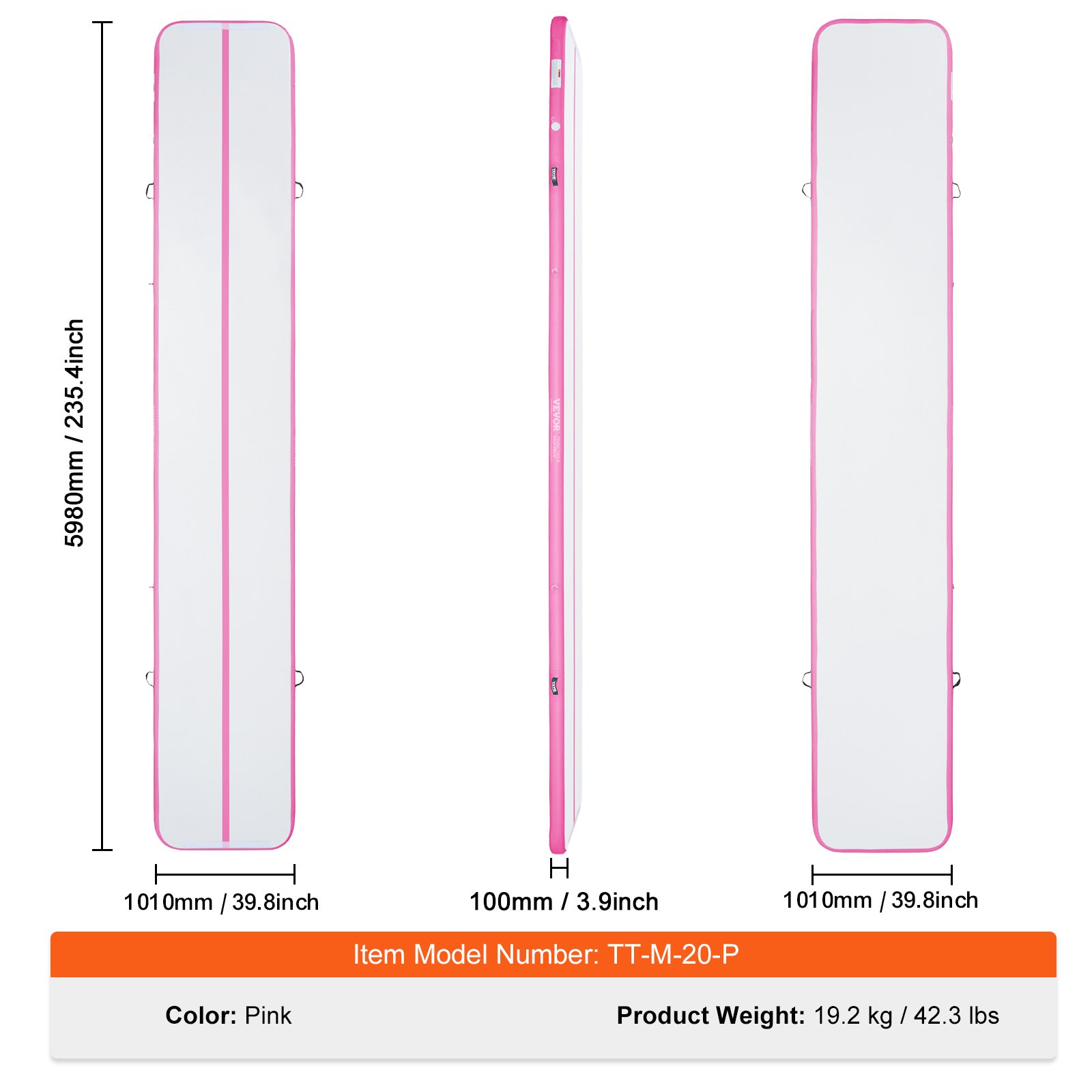 VEVOR Gymnastics Air Mat, Inflatable Gymnastics Tumbling Mat, Tumbling Track with Electric Pump, 598 x 101 x 10 cm Training Mats for Home Use/Gym/Yoga/Cheerleading, Pink