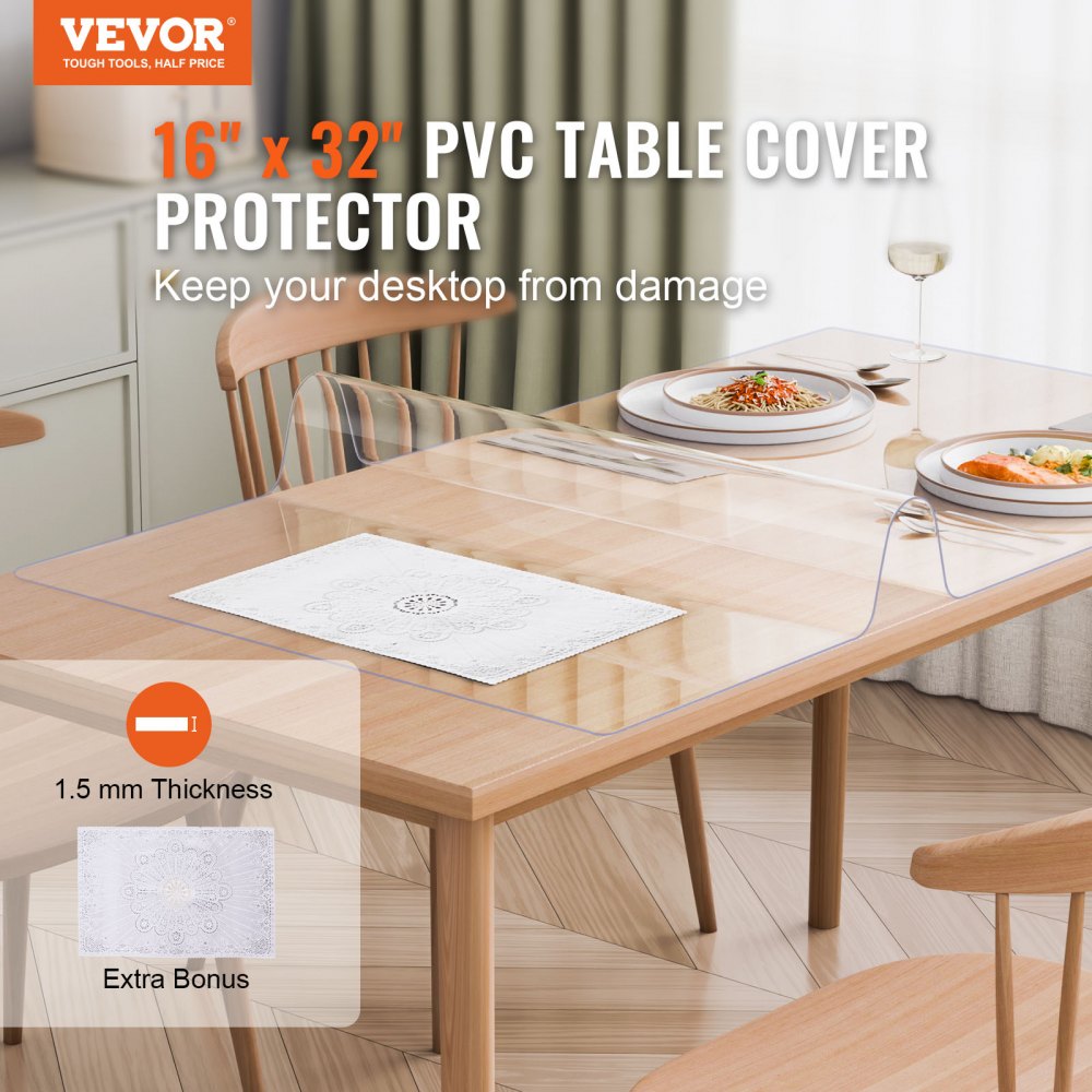 VEVOR Mantel Transparente Rectángulo 40,6 x 81,3 cm Mantel de PVC para Mesa Espesor de 1,5 mm Protector de Mesa de PVC Impermeable Fácil de Limpiar para Oficina, Cocina, Restaurante, Comedor